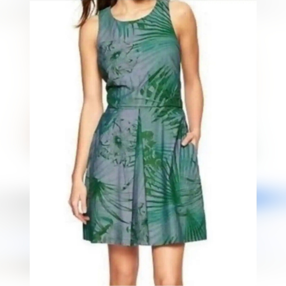 Gap Sleeveless Dress Tropical Print Pleated Pockets Cotton Size 12